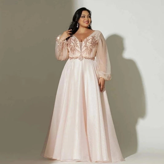 Amazing Pink A Line Plus Size V Neck Boho Evening Gown-Formal Elegance