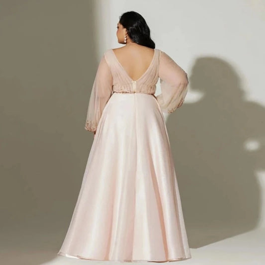 v open back pink organza with sheer long sleeveplus sizes evening dress