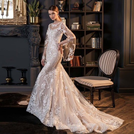 Applique Lace Long Sleeve Mermaid Wedding Dresses WD1119-Formal Elegance