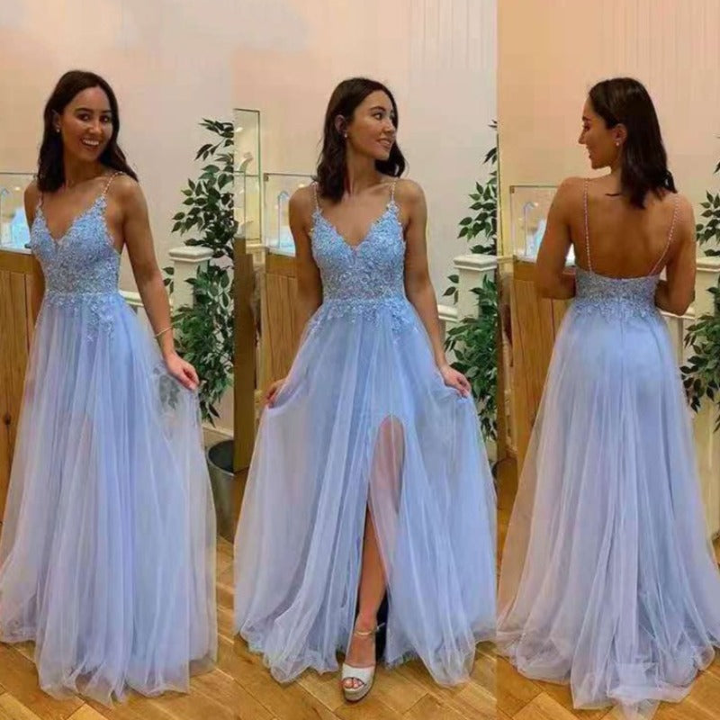 Blue Lace Appliques V-Neck Tulle Formal Prom Dresses EV1016 -Formal Elegance