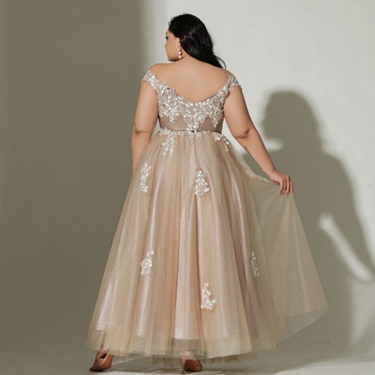 champagne tulle open back with applique plus size evening gown-formal elegance