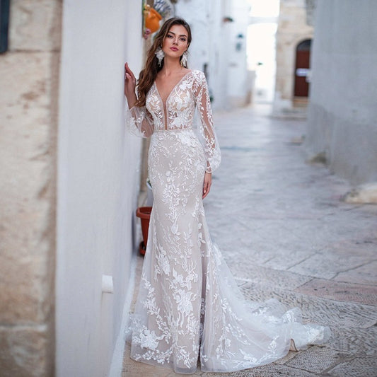 Enchanting Lace Long Sleeve Mermaid Wedding Dress WD1102-Formal Elegance