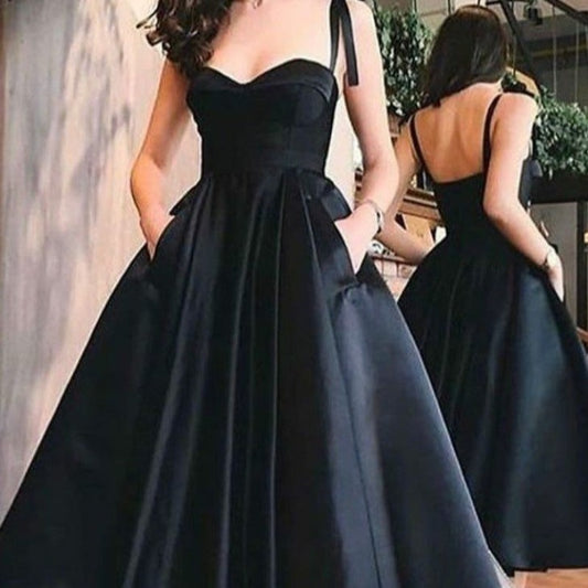 black satin tea length party dress-formal elegance