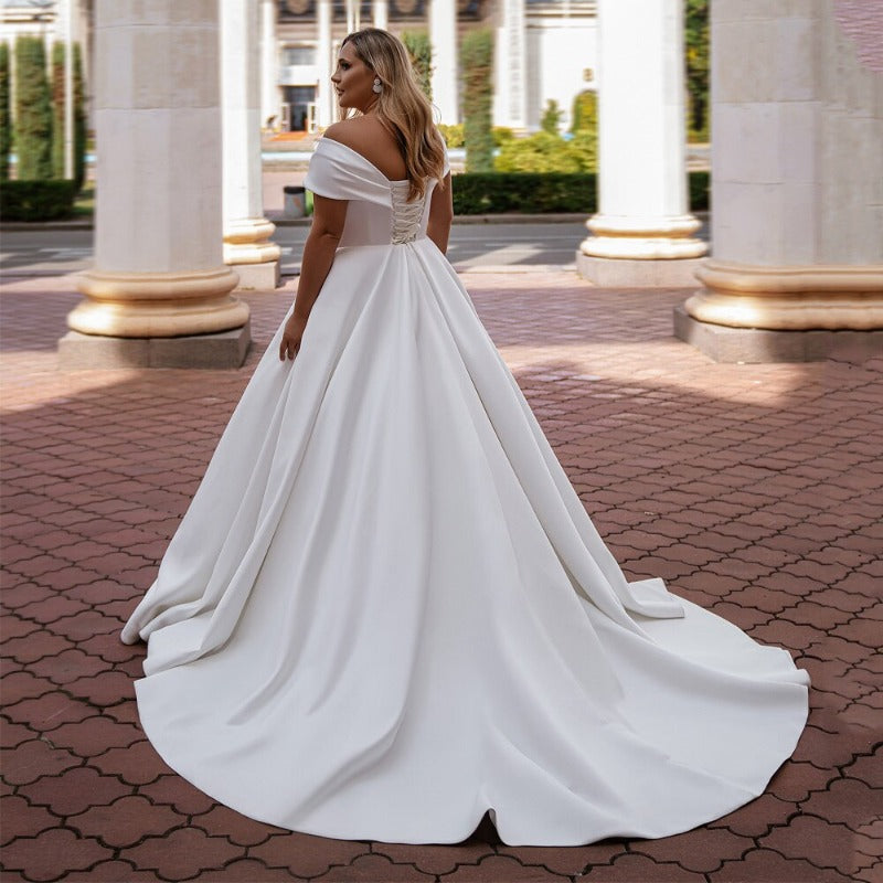 Off the Shoulder Satin Wedding Dresses Plus Size VW1021 - Ivory / Custom  Size