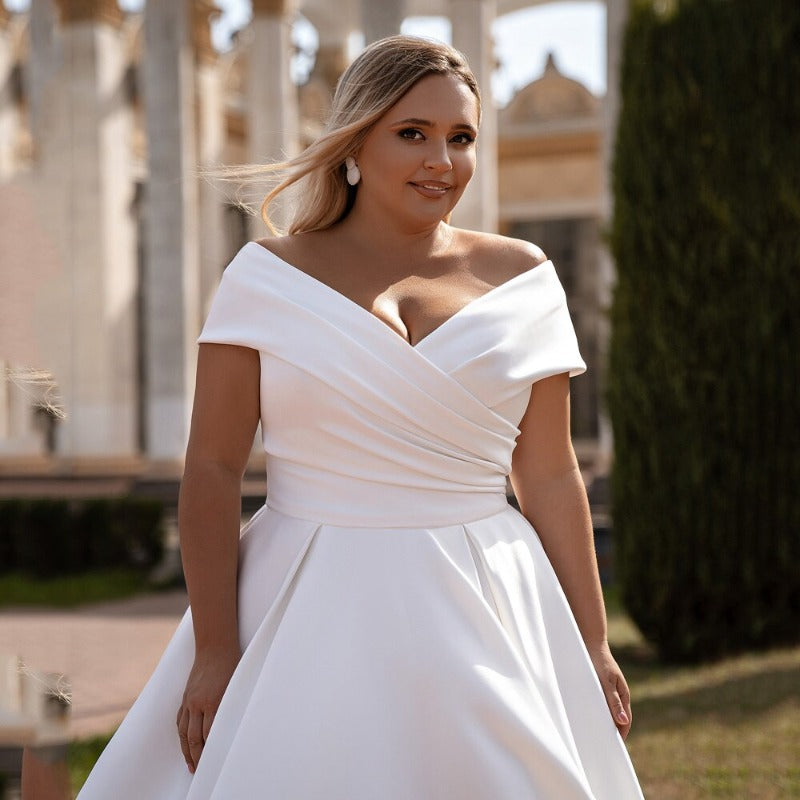  white pleated off shoulder wedding dress-formal elegance