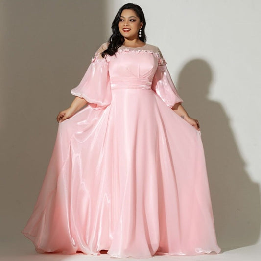 Pink Curve Plus Size Puffy Sleeves Long Evening Dresses -Formal Elegance