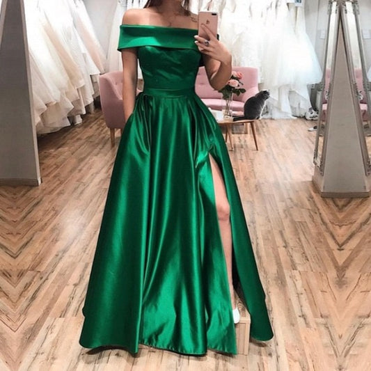 Green Satin Side Slit Pockets Evening Formal Dress EV1014-Formal Elegance
