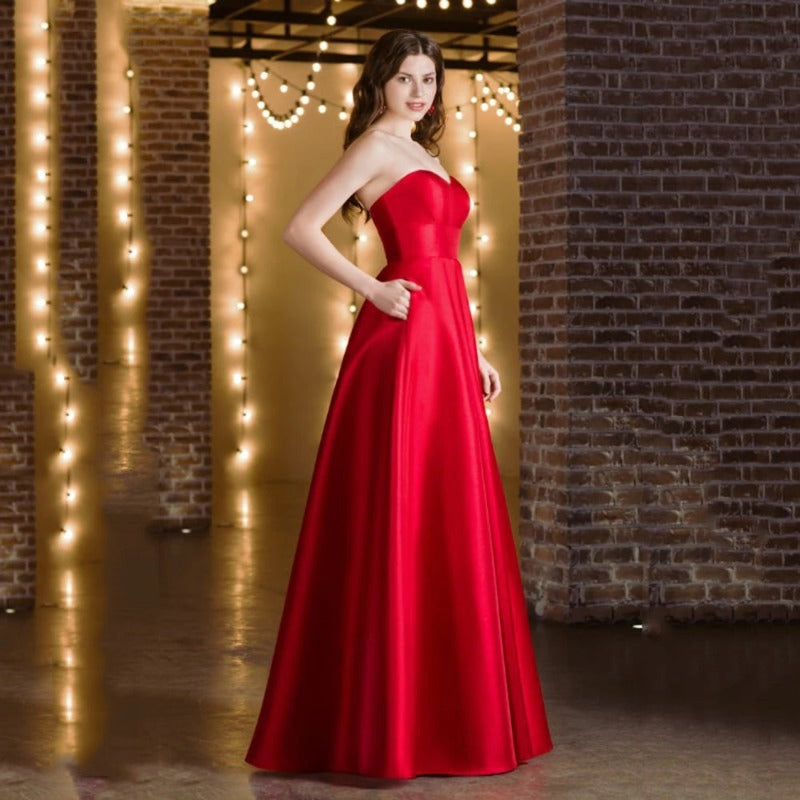 red strapless evening prom dress