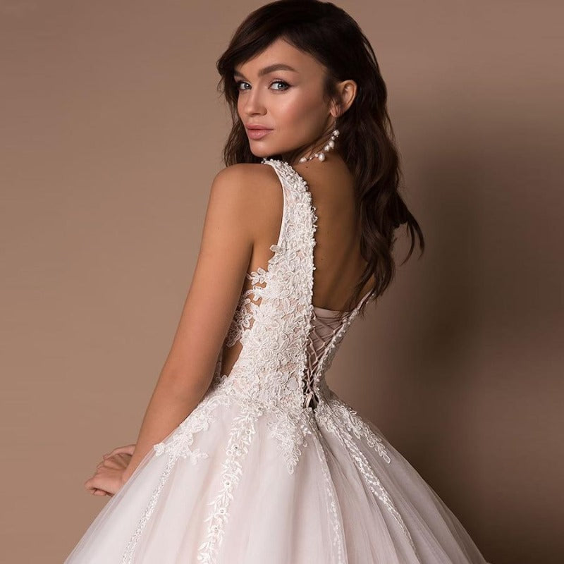 Tulle Bridal V Neck Beaded Ball Gown Wedding Dress