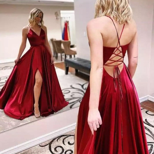 red satin strappy evening leavers prom dressEV1101 -Formal Elegance