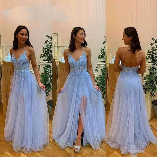 blue lace spaghetti straps tulle evening dress ev1016-formal elegance